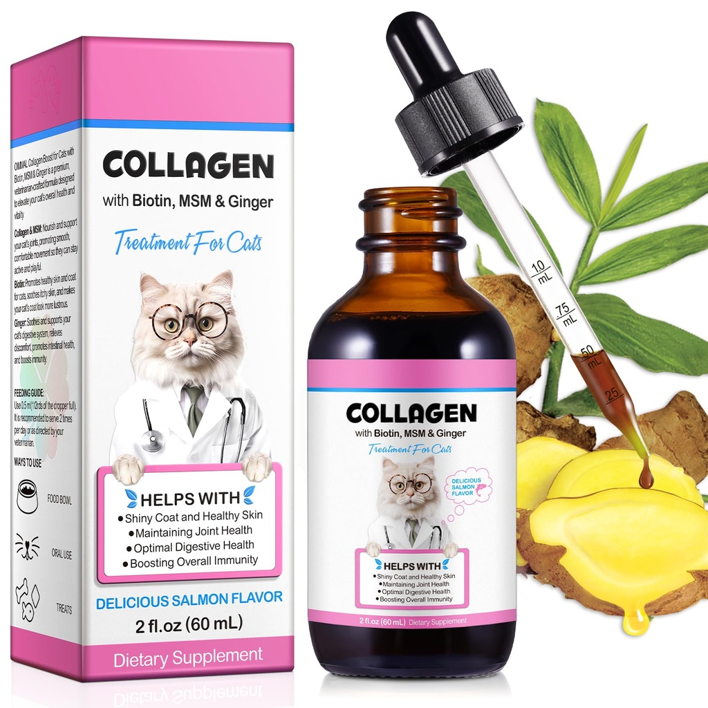 Kolagen za mačke, Cat Collagen Tekoči kapljice za mačke z Biotin, MSM & Ginger Digestive & Immuniteta Podpora, Srbečica Relief, Skin & Coat in skupno zdravje, Cat dodatek 60ml