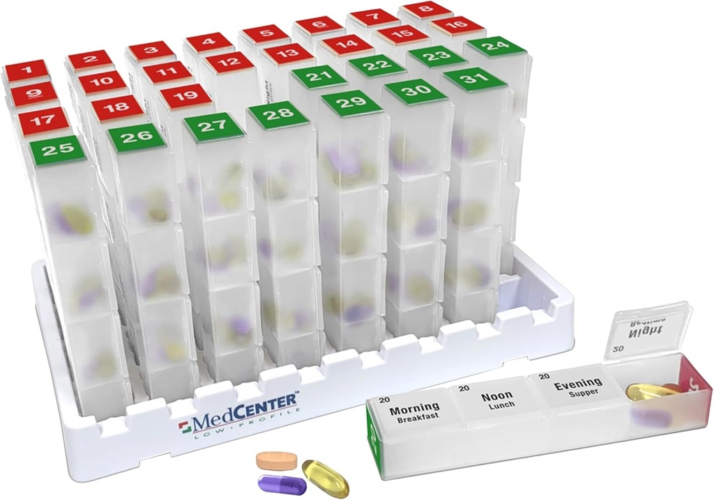 Medcenter Mesečne tablete Box Organizator, 4 krat na dan, ekstra velike 31 Dnevne tablete Primeri z oddelki za vitamine, Dodatki, Zdravila, 31 Day tablete Organizator