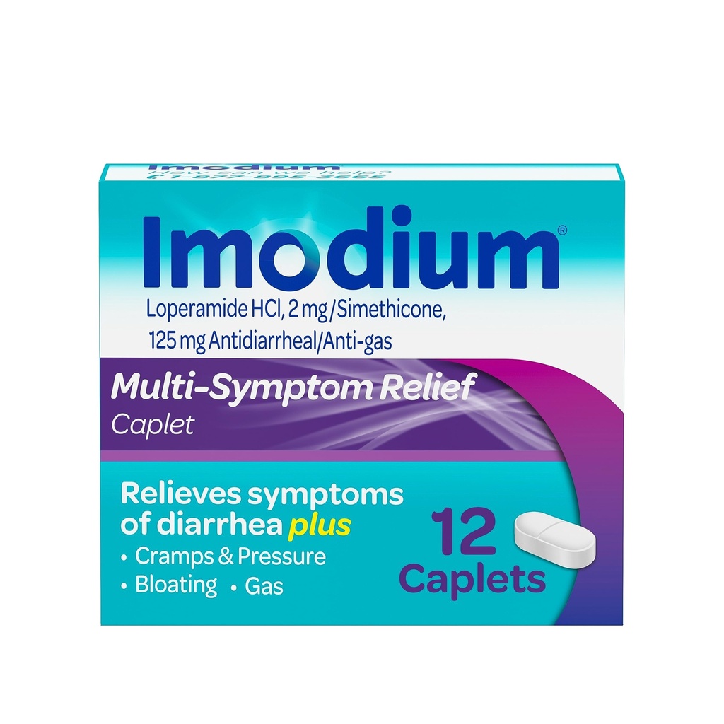 Imodijev multisimptom Relief Caplets, Loperamid Hidroklorid in simetikon Proti Diarrheal Medicine za lajšanje driske, plina, napihnjenosti, Cramps & Tlak, HSA/FSA Upravičeno, 12 ā