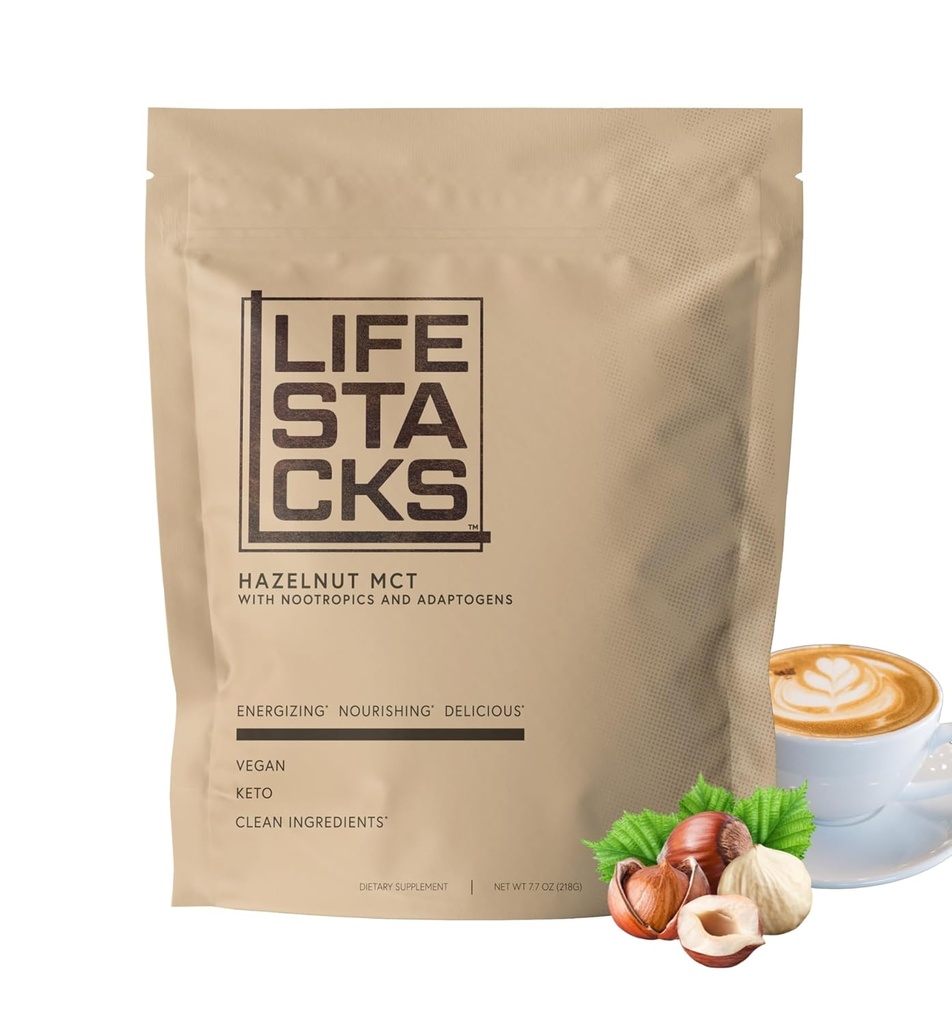 Lešnikovo MCT olje v prahu za povečanje energije in fokusa - Nootropiki + Adaptogeni za povečano doživetje kave - Keto, Vegan, 0 Sladkor - zložen za uspeh z ginsengom, Rhodiola, L-tirozin