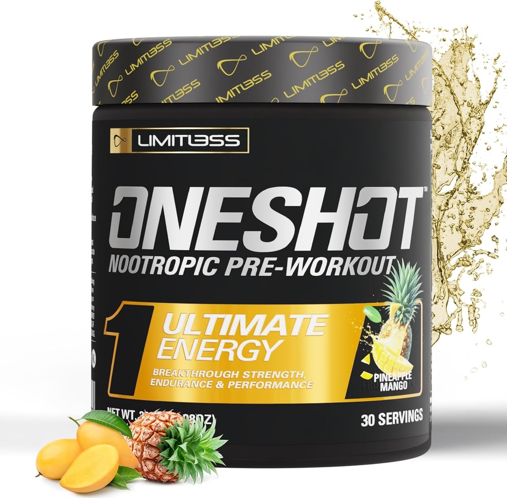 ONESHOT Pred treningom Prašek za moške in ženske - BCAAS Aminokisline Dopolnilo v prahu, 200mg kofein, beta alanin prašek, citrulin malat Preworkout prašek - Ananas mango - 30 servivi