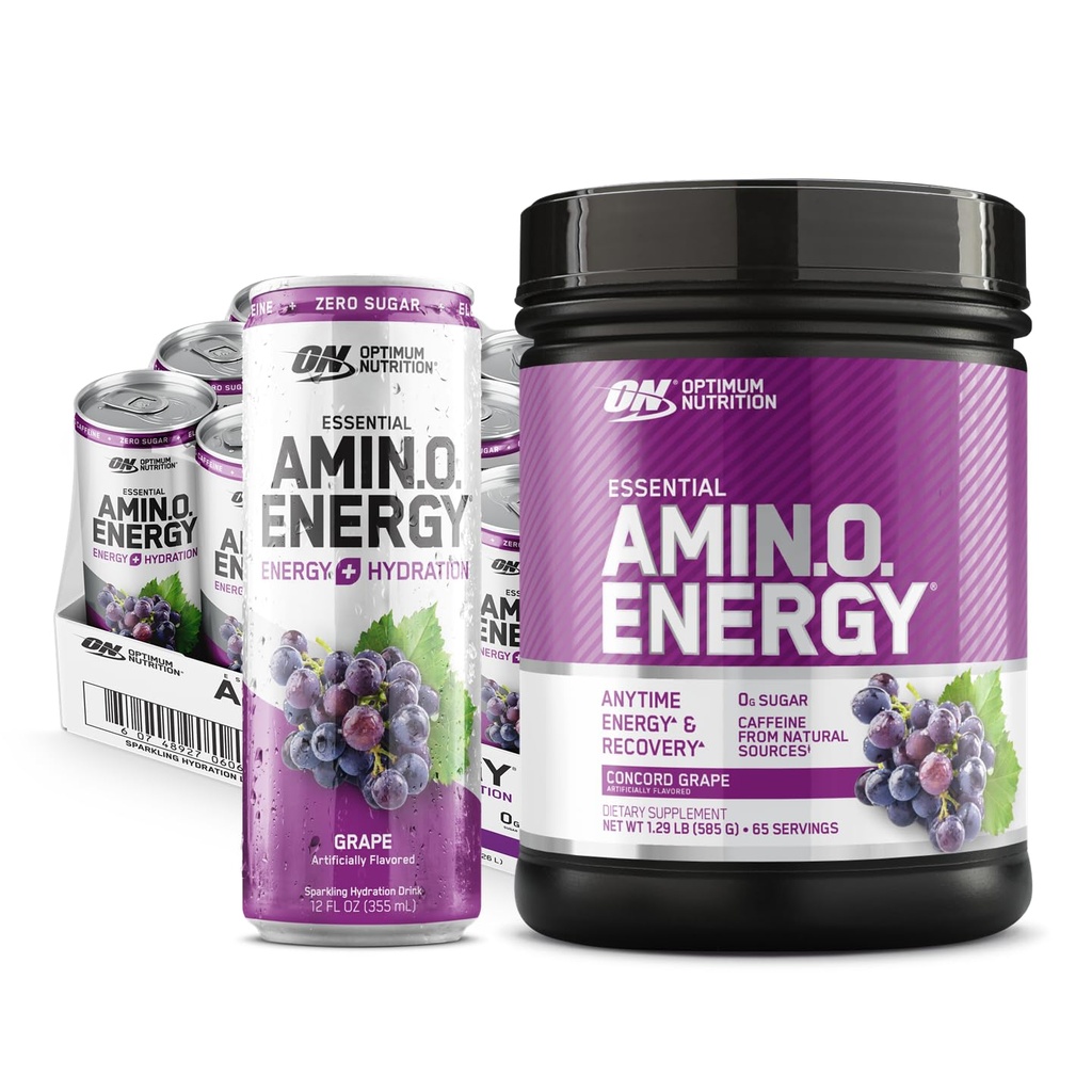 Optimum Nutrition Amino Energy Powder: Concord Grozdje (65 strežnikov) z Essential Amino Energy Plus Elektrolize Peneče pijače: Grozdje (12 pločevink) - paket