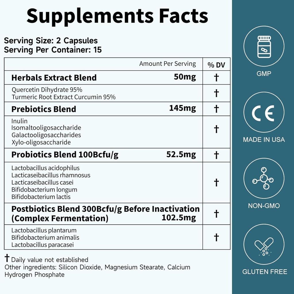 Probiotiki Ženske Moški Gut Zdravje: Prebavno zdravje Imunska podpora Bloating Relief Rokavice Stabilni sevi 35B CFU na kapsulo kompleks s prebiotiki Postbiotiki Quercetin & Curcumin Prehranska dopolnila