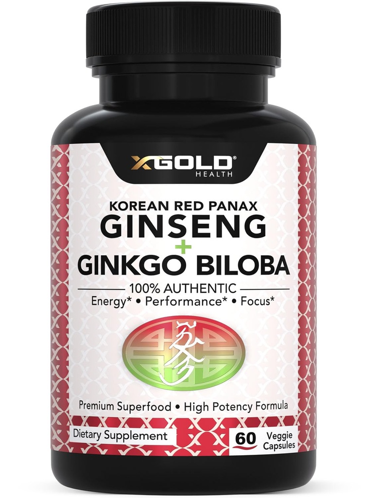 Korejska rdeča Panax Ginseng 1200mg + Ginkgo Biloba - Extra Streep Root Extract Powder Supplement w/High Ginsenosides Veganske kapsule za energijo, zmogljivost in fokus - Dopolnilo za moške in ženske