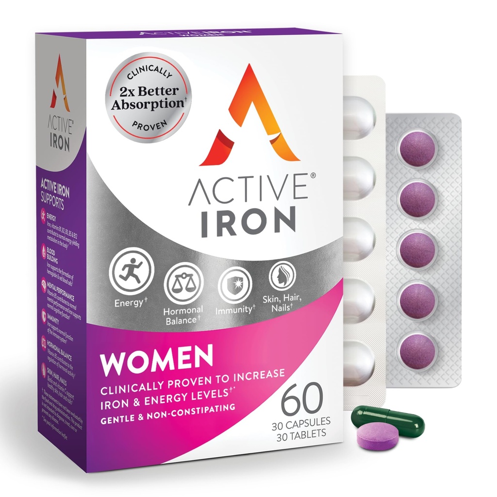 Active železov dodatek 25 mg + multivitamin za ženske – klinično dokazano za povečanje energije in zmanjšanje utrujenosti – nežno, nekonstipativno železo + ženski multivitamin – 30 kapsul + 30 tablet