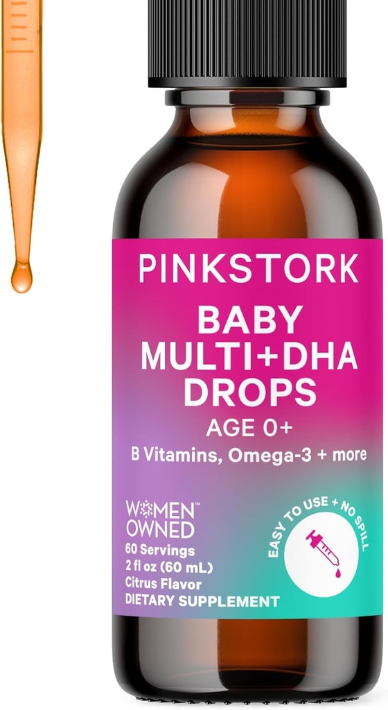Pink Stork Baby Liquid Multivitaminske kapljice, Baby & Toddler Vitaminske kapljice z DHA, Vitamin C, D, B12 in holin za podporo zdravje možganov in imunske funkcije - 2 fl oz, 2 mesec dobave