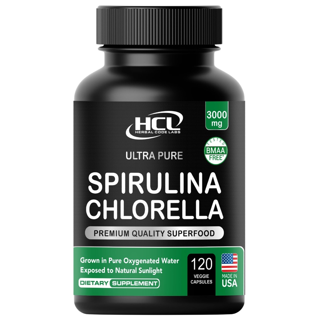 Klorella Spirulina v prahu Kapsule 3000 mg BMAA Free Purest Blue Green Algae - Najboljši naravni Detox Raw Vegan Vitamini Beljakovine Zelena Superfood - Izdelano v ZDA