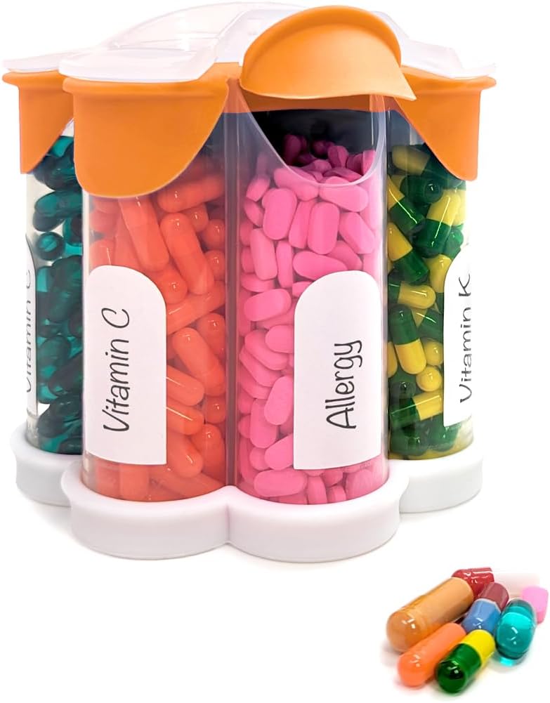 Ekstra velike tablete Organizator vsak dan, Tedensko, Mesečna dopolnila steklenica, Cute Blossom tablete Dispenser s 7 XL predelki, enostaven-odprt tablete polje za vitamine, zdravila, oznake vključeno (Orange)