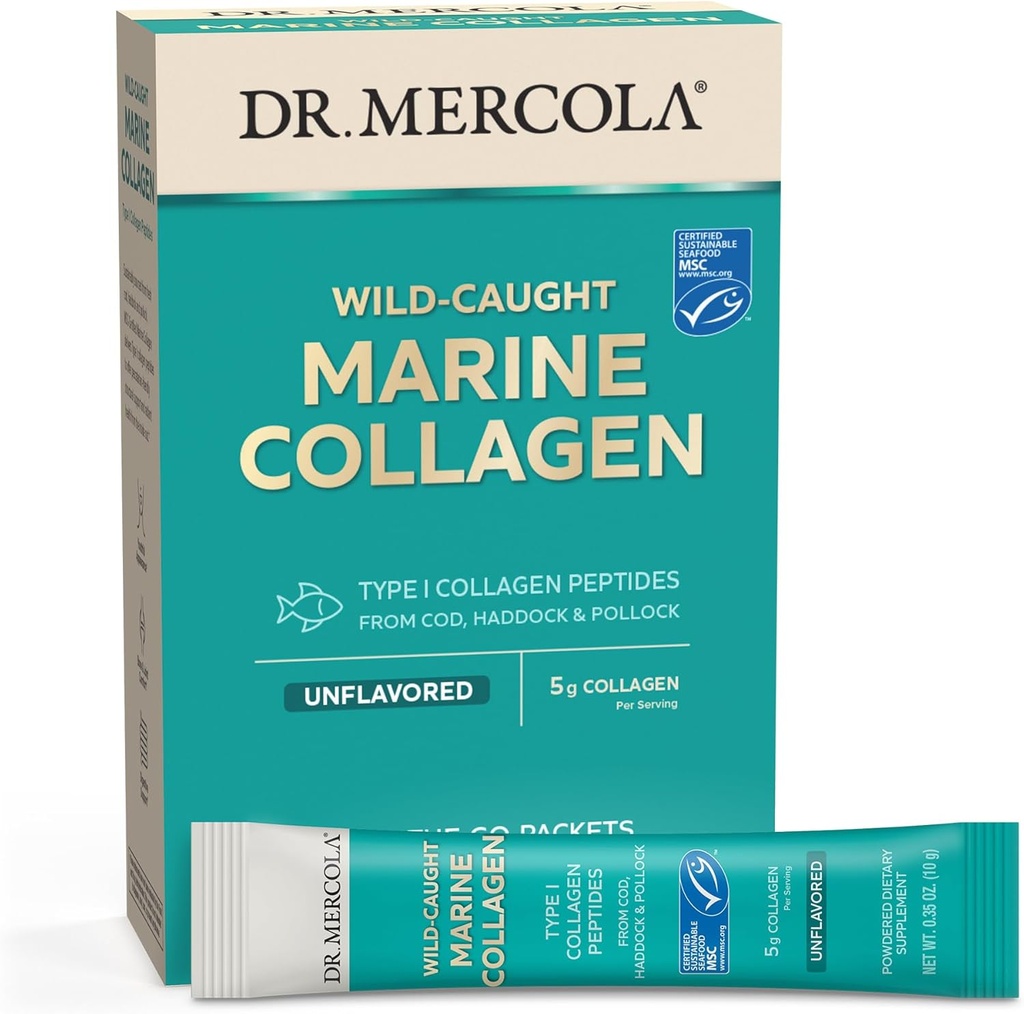 Dr. Mercola Marine Collagen Powder Packets, 5g Kolagen na strežbo, 15 Serving (15 on-the-go Packets), Prehranska dopolnila v prahu, brez arome, Tip 1 Kolagen Peptides iz trske, Haddock & Pollock