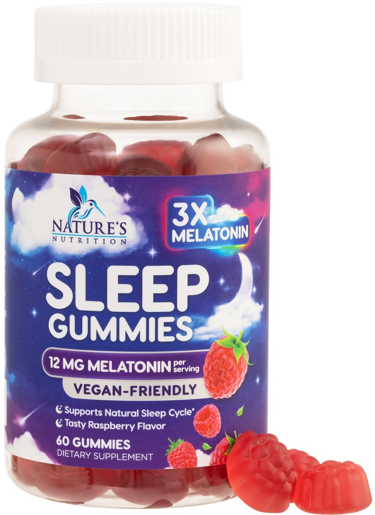 Spanje Gumiji za odrasle Dodatna moč - 12 mg Melatonin Sleep Gummy dodatek, Melatonin Gummy za občasno podporo spanja dodatek, Vegan, Non-GMO, Gluten Free, Gomitas para Dormir, 60 Gumies