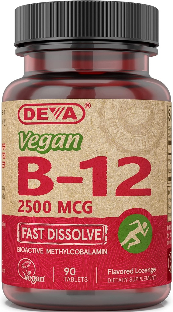 Deva Vegan Vitamini B-12, Visoka jakost 2500 mcg B12, hitra raztapljanje, podjezična, 90 tablet (paket s 3)