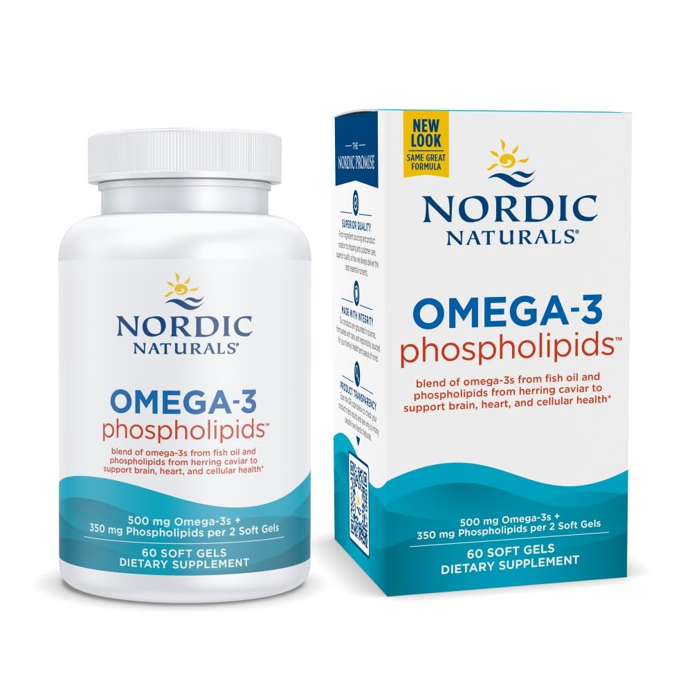 Nordic Naturals Omega-3 Fosfolipids, Unflavored - 60 Soft Gels - 500 mg Omega-3 & 350 mg Fosfolipids - Zdravje srca in možganov - Majhni, enostavno za swellow Soft Gels - Non-GMO - 30 Servings