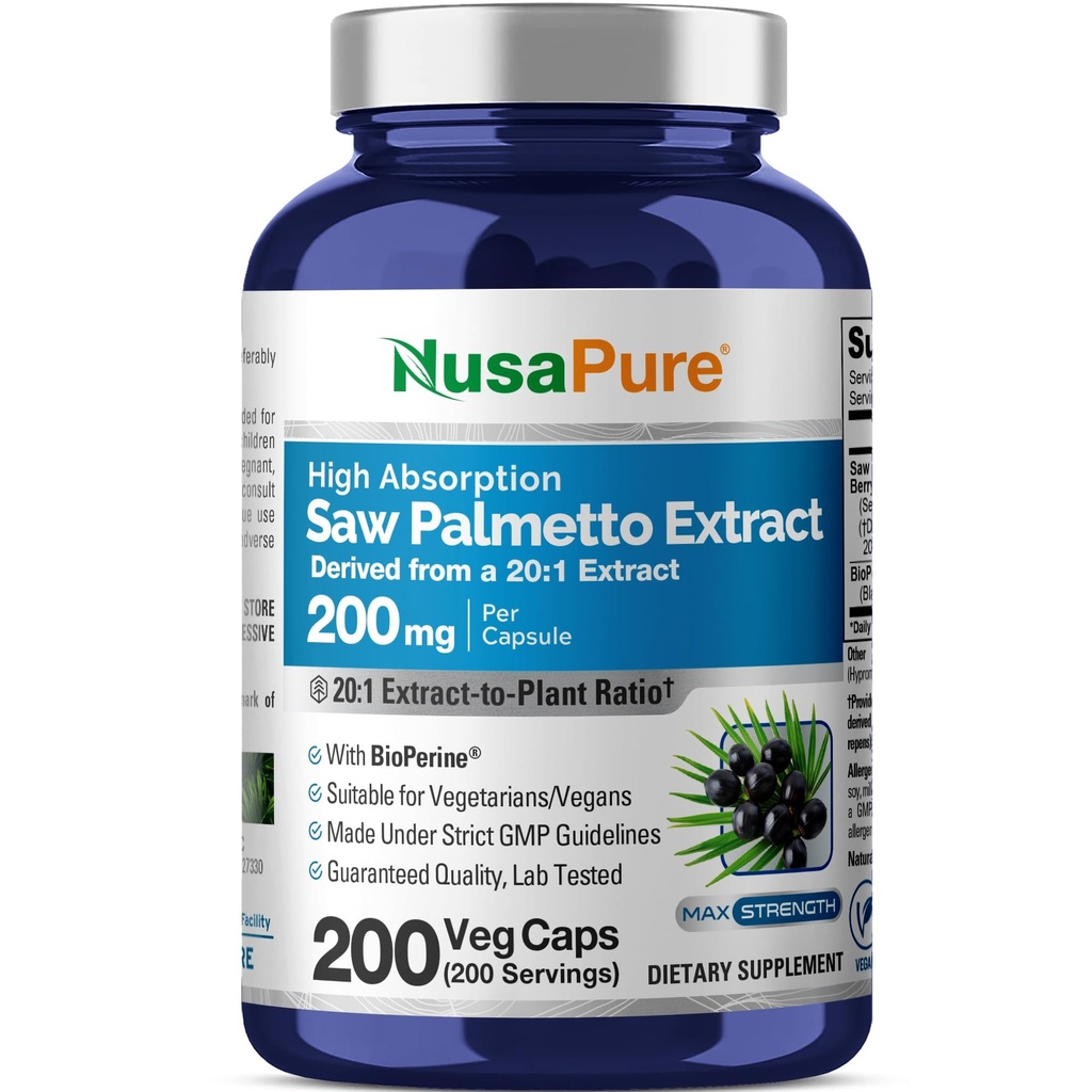 NusaPure Saw Palmetto 20:1 Extract, 200 mg ekvivalent 4.000 mg na Veggie Caps 200 Število Non-GMO, Vegan, Vegetarian, Bioperine
