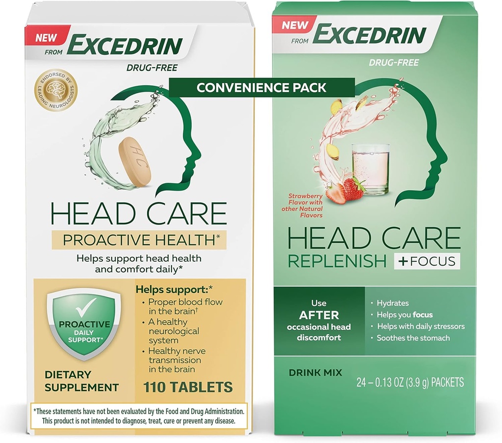 Excedrin Head Care Proactive Health Dietary Supplement - 110 Count and Head Care Replenish Plus Focus Drink Mix iz 24 paketov Priročno pakiranje