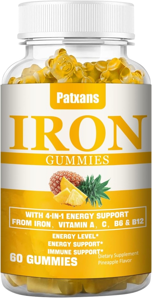 1 Pack 100MG Iron Supplement Gumies za ženske in moške - z vitaminom A, C, B - energijska podpora za pomanjkanje železa, anemija, odrasli in otroci, Ananas Flavor Gummy, 60ct.