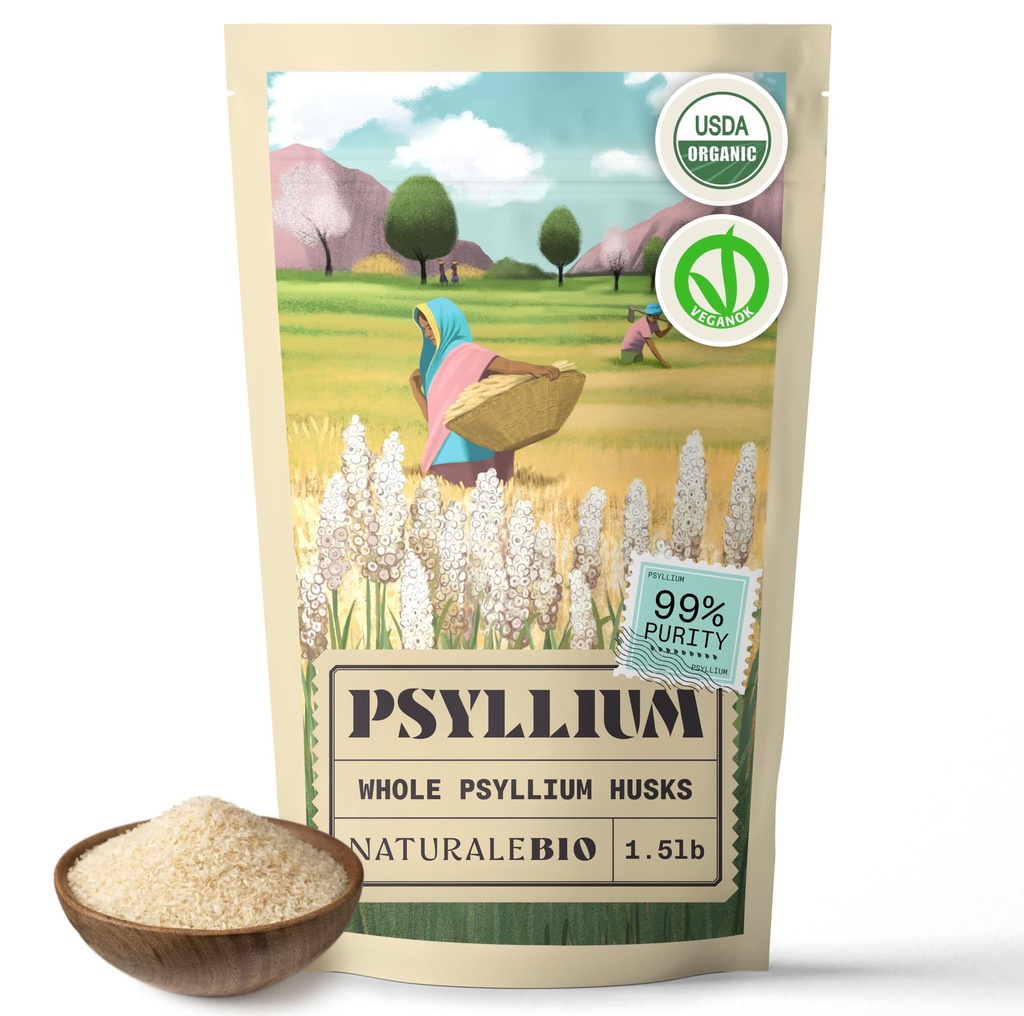 NatureeBio Cel Psyllium Husk. 1,5 kg. 99% Pure Psyllium Seme Husks. Naravne vlaknine. USDA Organic Certified. Proizvedeno v Indiji. Gluten Free, Keto, Paleo, Veganska dieta. Probiotiki
