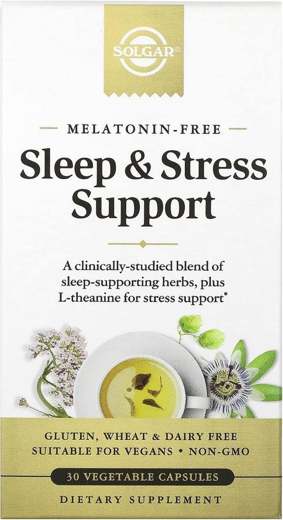 Solgar Sleep & Stres Podpora, Zelenjavne kapsule, Melatonin brezplačno, Pomaga sprostiti, Pomirite se, hitro zaspite, Izboljšati kakovost spanja z Valerijan, Pasijonka, Hops, Non-GMO, 15 Serving, 30 grof