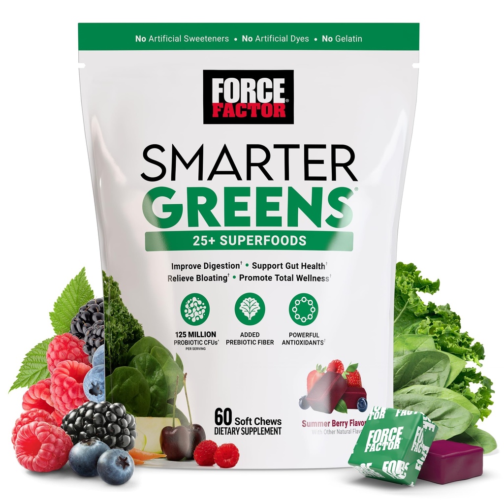 FORCE FACTOR Smarter Greens Superfood Chews, Greens in Superfoods s probiotiki, antioksidanti, in Fiber, Greens dodatek za podporo digestion, dušikov oksid in energijo, 60 Soft Chews