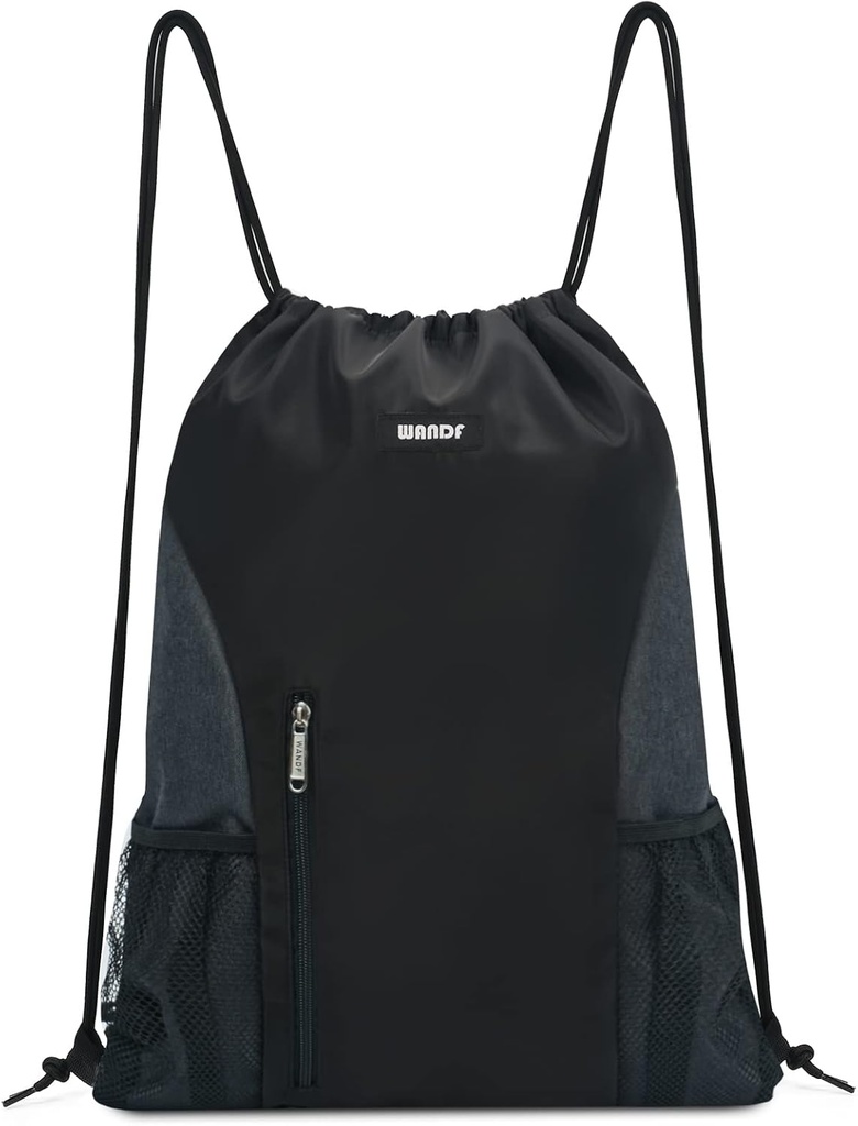 WANDF Drawstring Backpack športna telovadnica Sackpack z mesh Pockes voda Resistant String Bag za ženske (črna)