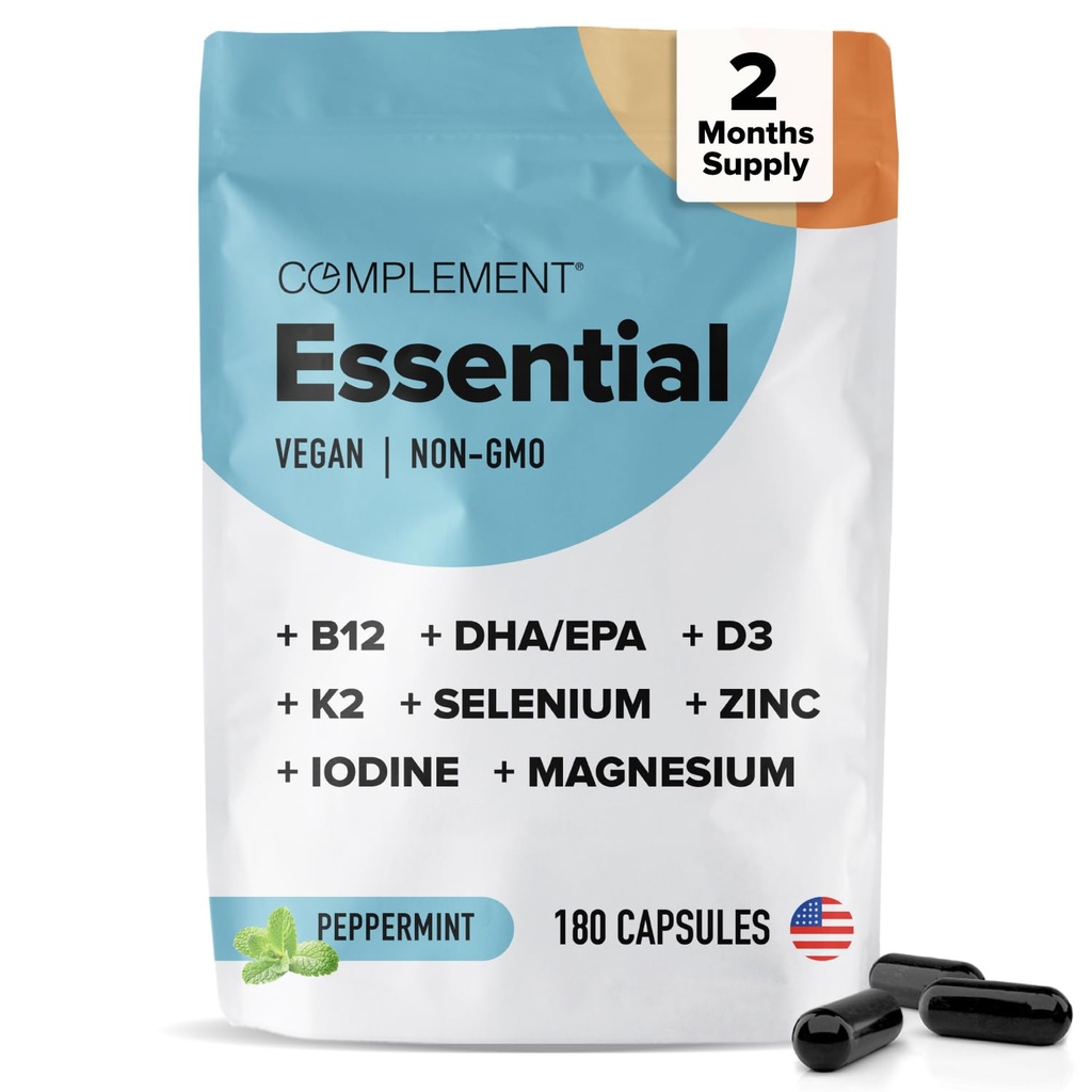 Dopolnite Essential Vegan multivitamin za moške in ženske (60 strežb, 180 kapsul) z Omega-3 DHA & EPA, B12, vitamin D3 & K2, cink, selen, magnezij, jodin - podpira imuniteto in splošno zdravje