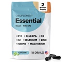 Dopolnite Essential Vegan multivitamin za moške in ženske (60 strežb, 180 kapsul) z Omega-3 DHA & EPA, B12, vitamin D3 & K2, cink, selen, magnezij, jodin - podpira imuniteto in splošno zdravje
