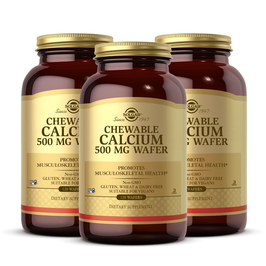 Solgar Žvečljivi kalcij 500 mg - 120 Vafljev, pakiranje po 3 - spodbuja mišično-skeletno zdravje - ne-GMO, Vegan, Gluten, Pšenica & Mlečni izdelki, Kosher - 180 skupnih postrežb