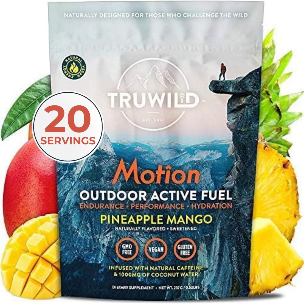 TruWild Motion All Natural Pre Workout Powder Drink Mešanica za moške in ženske brez Jitters ali Crash, Cela živilska rastlina temelji Vegan, Organski z elektroliti + BioPerine, 20 Serving (Pineapple Mango)