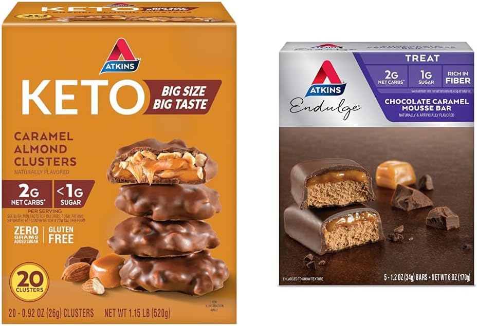 Atkins Caramel Almond Clusters, Gluten Free, High in Fiber, 1g sladkor, 2g Net Carb, Keto prijazno, 20 Count & Endulge Chocolate Caramel Mousse Bar, Dessert Favorite, 1g sladkor, Visoko v Fiber, 5 Count