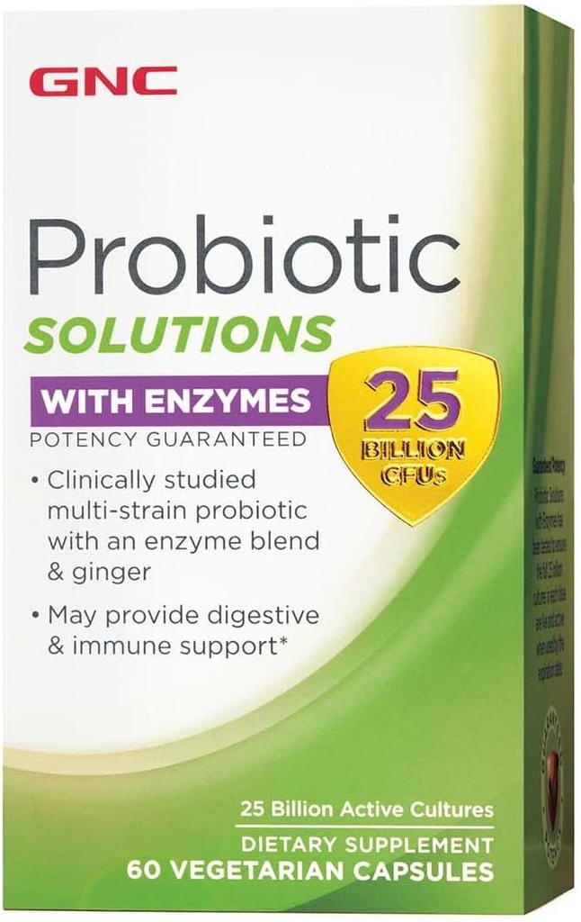GNC probiotične raztopine z encimi, zagotavlja prebavno in imunsko podporo, 25 milijard CFU, 60 vegetarijanskih kapsul, 60 servingov