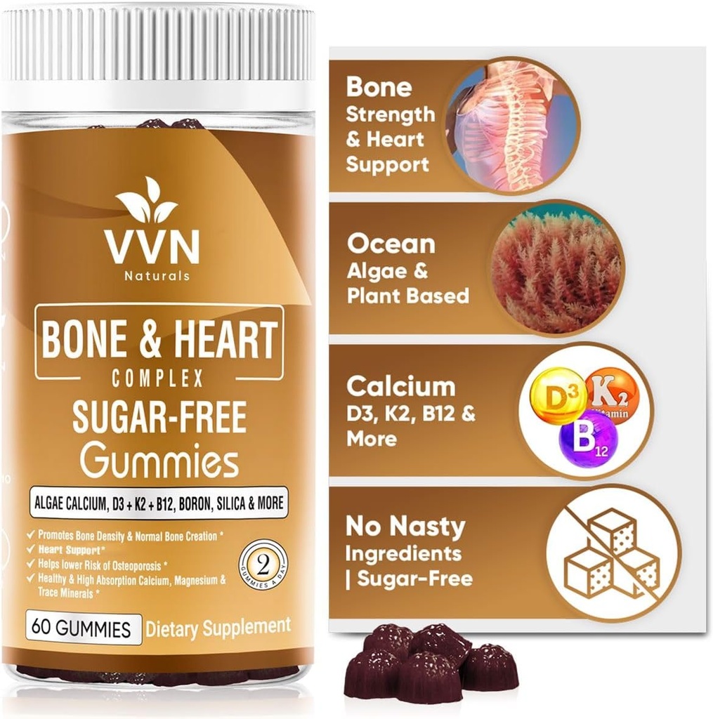 Veganski kalcijevi gumiji K2 Vitamin dopolnilo z MK-7 & Vitamin D3, Magnezij & 13 Trace minerali, podpora kostne gostote 