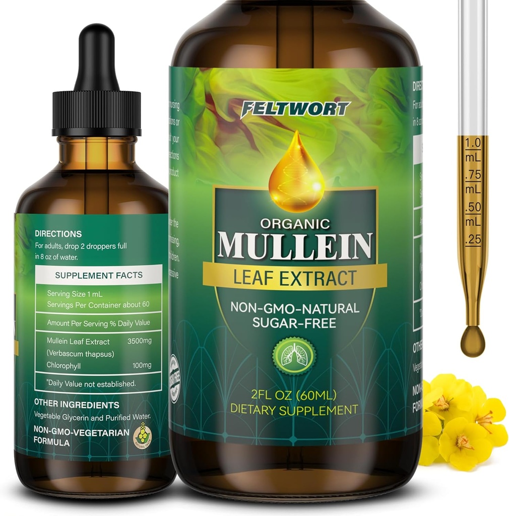 Mulleinske kapljice - Lung Cleanse - Leaf Extract - Močan Mullein za podporo imunske,Detox in dihalne podpore - Zeliščni dodatki - 2 Oz-6