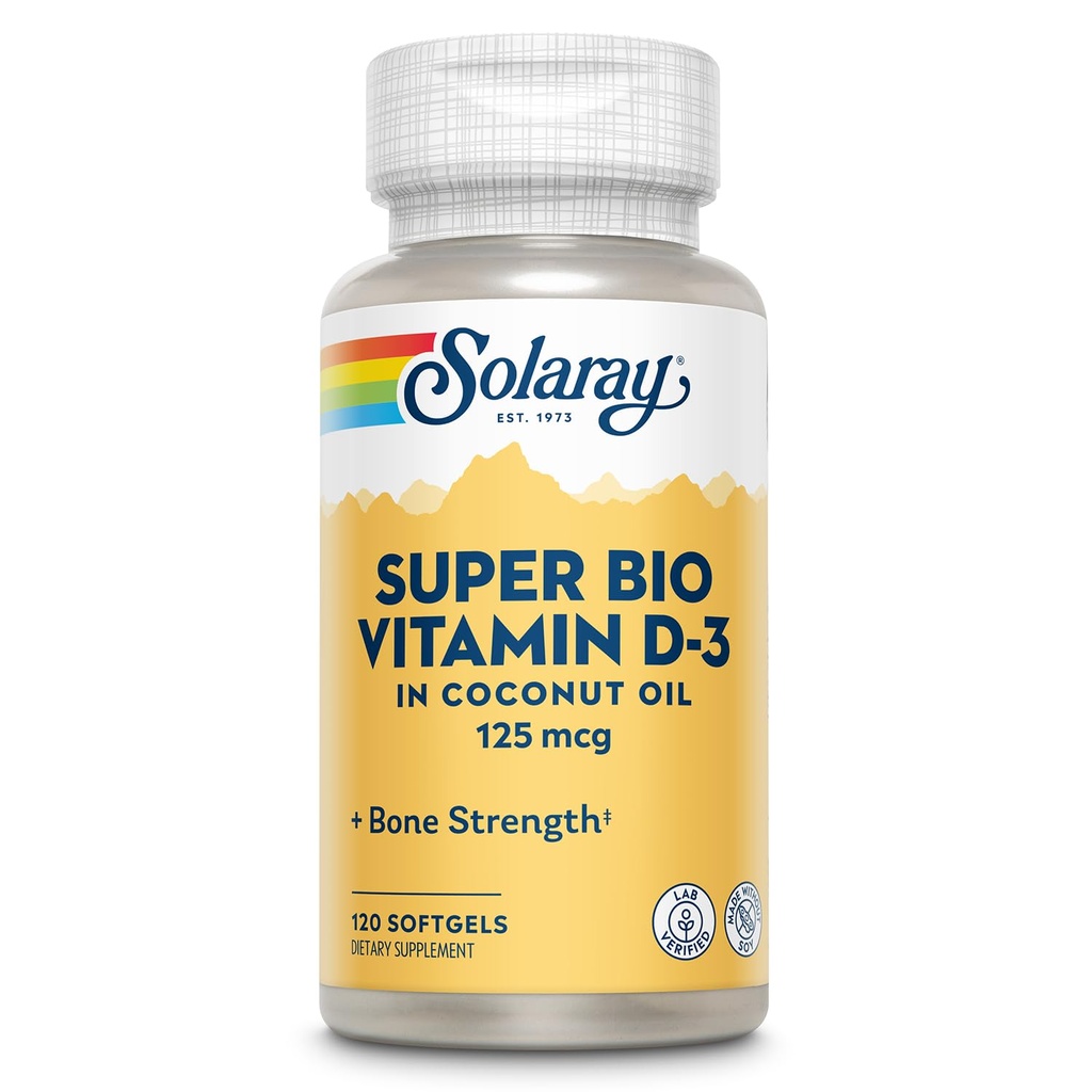 SOLARAY Super Bio Vitamin D3 v kokosovem olju - D3 Vitamin 5000 i.e. - Bone Health and Immune Support Supplement - Lab preverjen, Made Wtihout Soy, 60-dnevno garancijo - 120 Softgels, 120 Servings