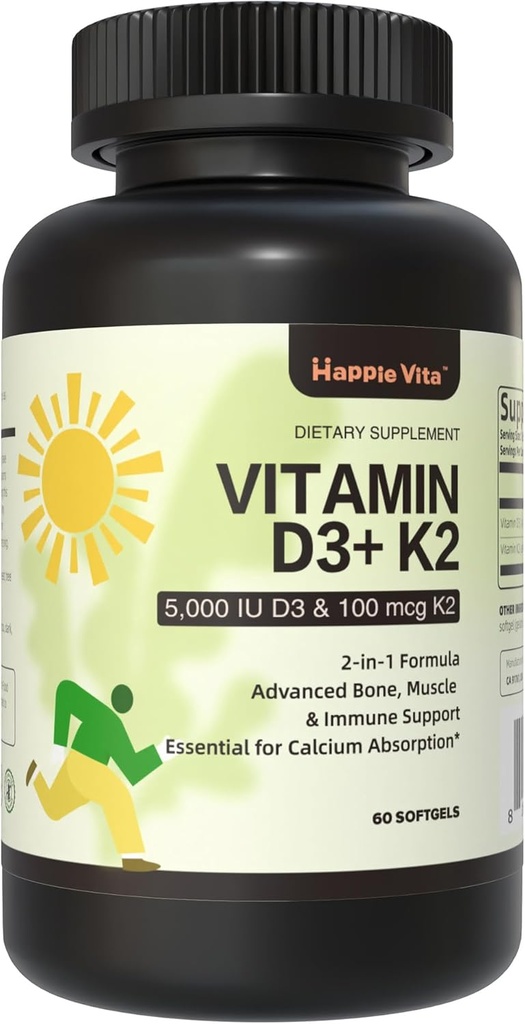 Vitamin D3 K2, vitamin D3 5000 i.e. (125 μg) + vitamin K2 100 μg, 2 v 1 D3 in K2 dopolnila za podporo za zdravje kosti, zob, mišic in imunskega sistema, 60 kapsul