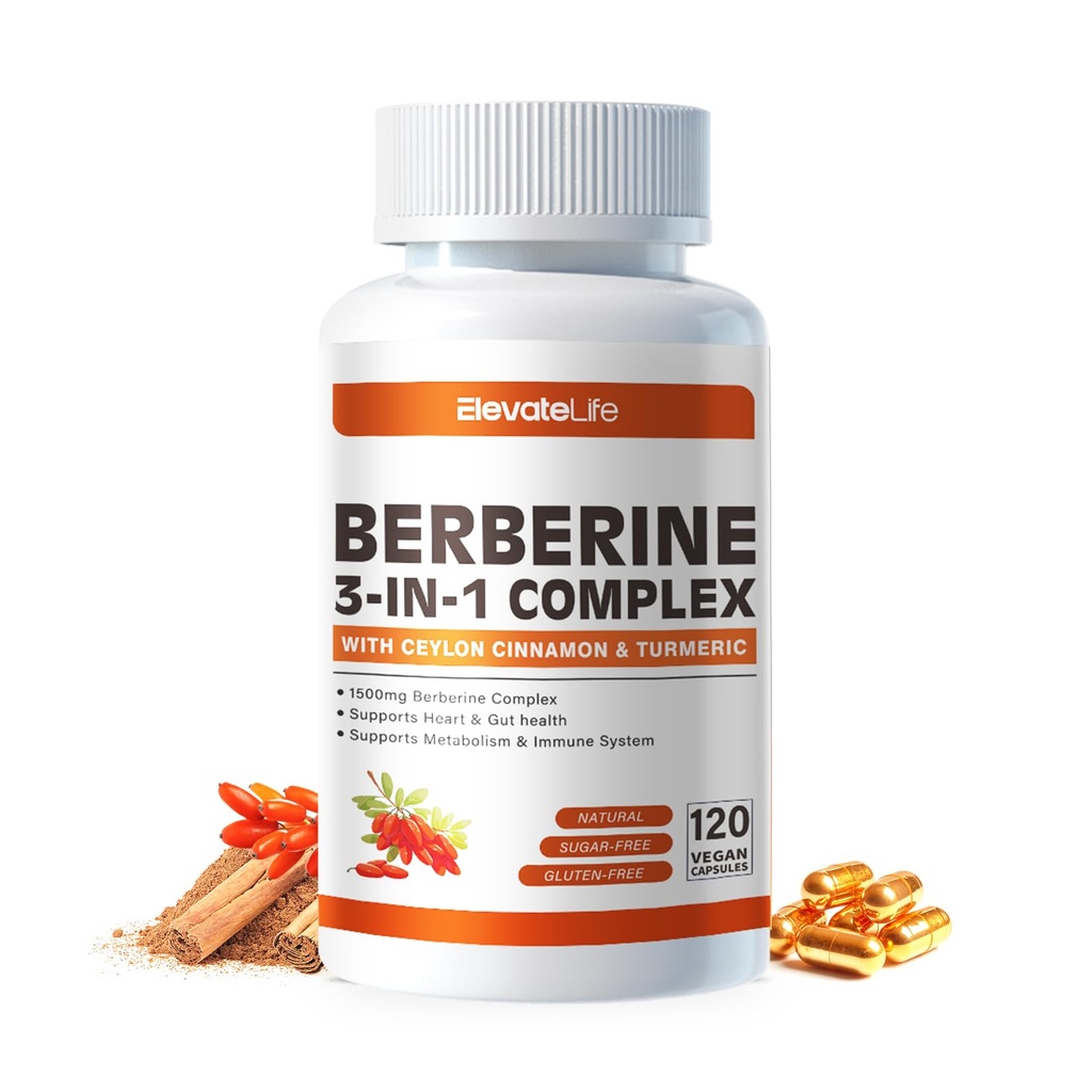 ElevateLife Berberine Supplement - Berberine 1500mg na serviranje,120 Kapsule - Berberine HCI - Berberine Plus - Plus Pure True Ceylon Cinamon, Berberine HCI Root Supplements Tablete
