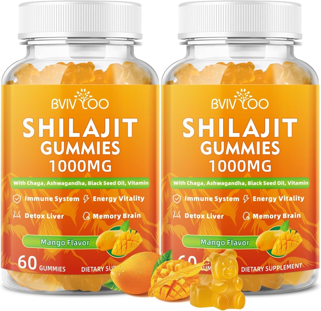 2 paketi Shilajit Gumies 1000mg brez sladkorja - Shilajit dodatek za moške in ženske - visoko v 85+ Trace minerali & Fulvic kislina - energija, možgani, imuniteta - 120 Gummies