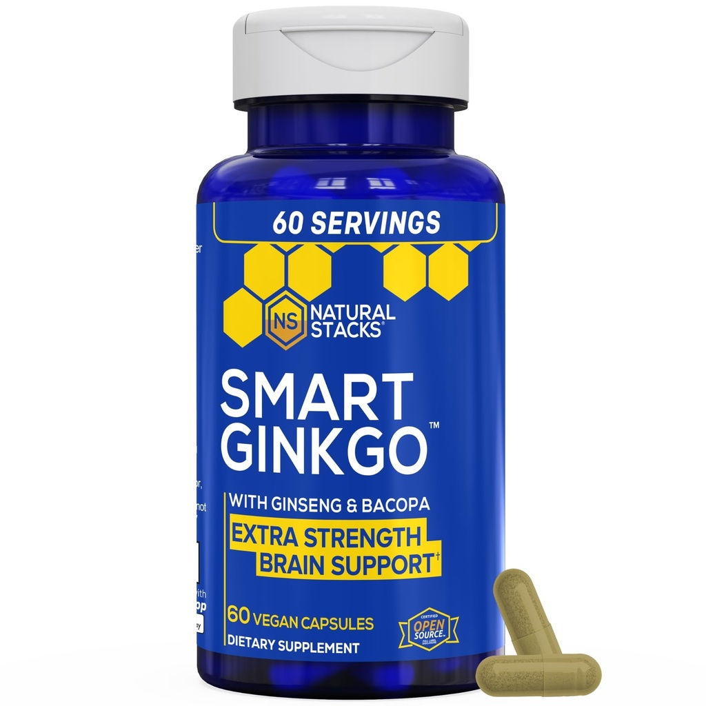 NARAVNI ZASTAVI Ginkgo Biloba dodatek z 200mg Panax Ginseng & 200mg Bacopa Monnieri - Možganski dodatki za spomin in fokus - Korejski ginseng za podporo zdravju možganov - 60 Ginkgo Biloba kapsule