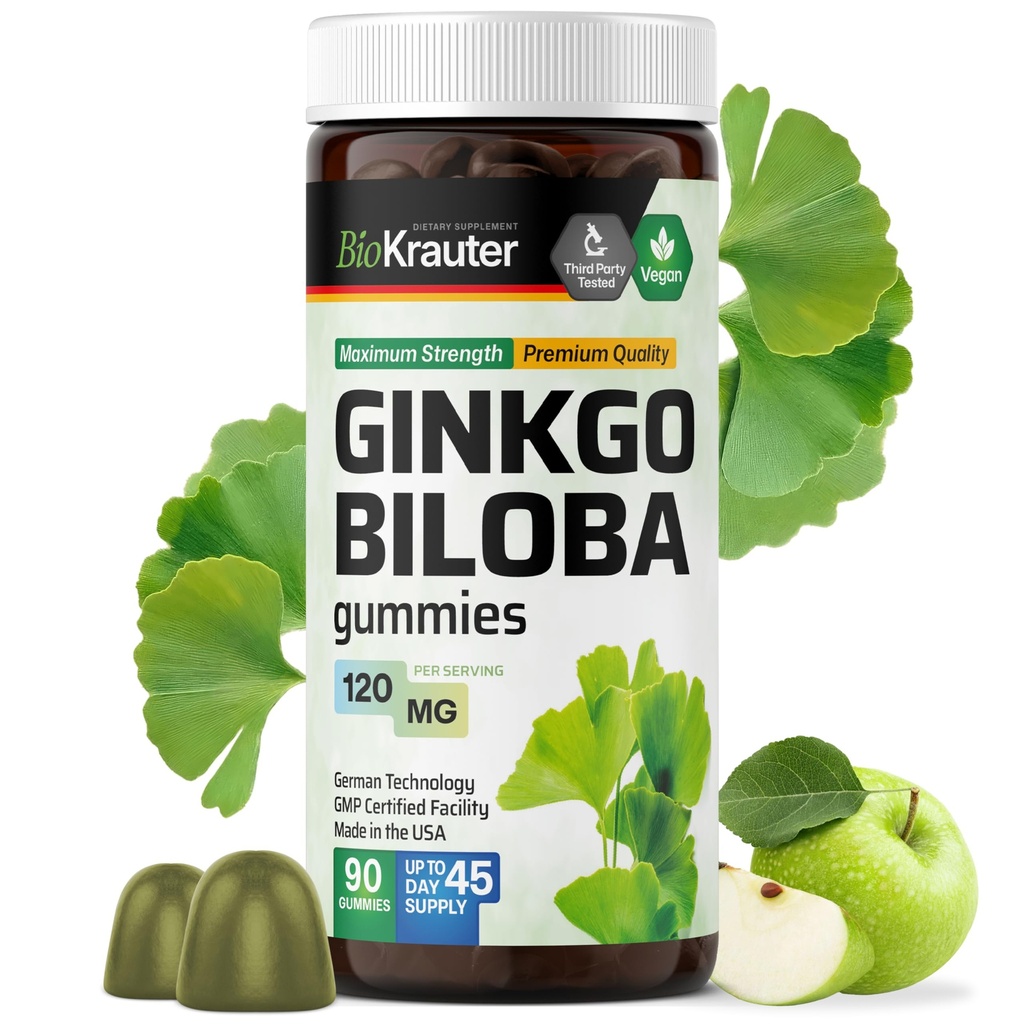 BIO KRAUTER Ginkgo Biloba Gummies - 90 veganskih žvečil - Ginkgo Biloba dopolnila za podporo možganov - 120 mg standardizirani ekstrakt - pektin na osnovi formule