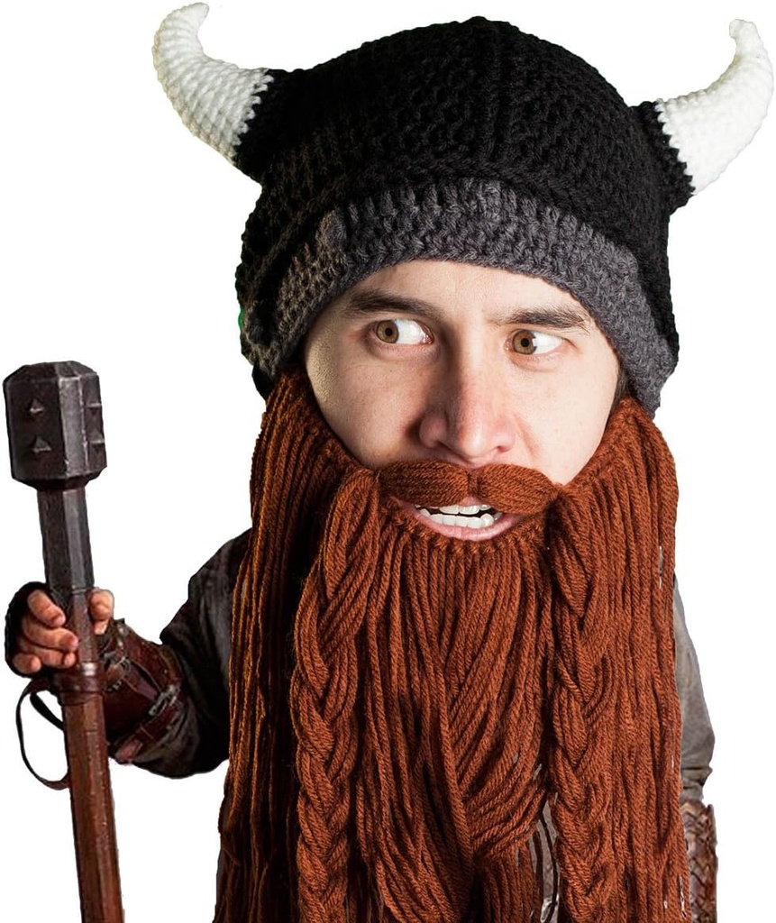 Brada glavo Viking Pilager - Original ročno izdelan Knit Viking Horn čelado in odstranljiv Brailed Brown / Črna brada