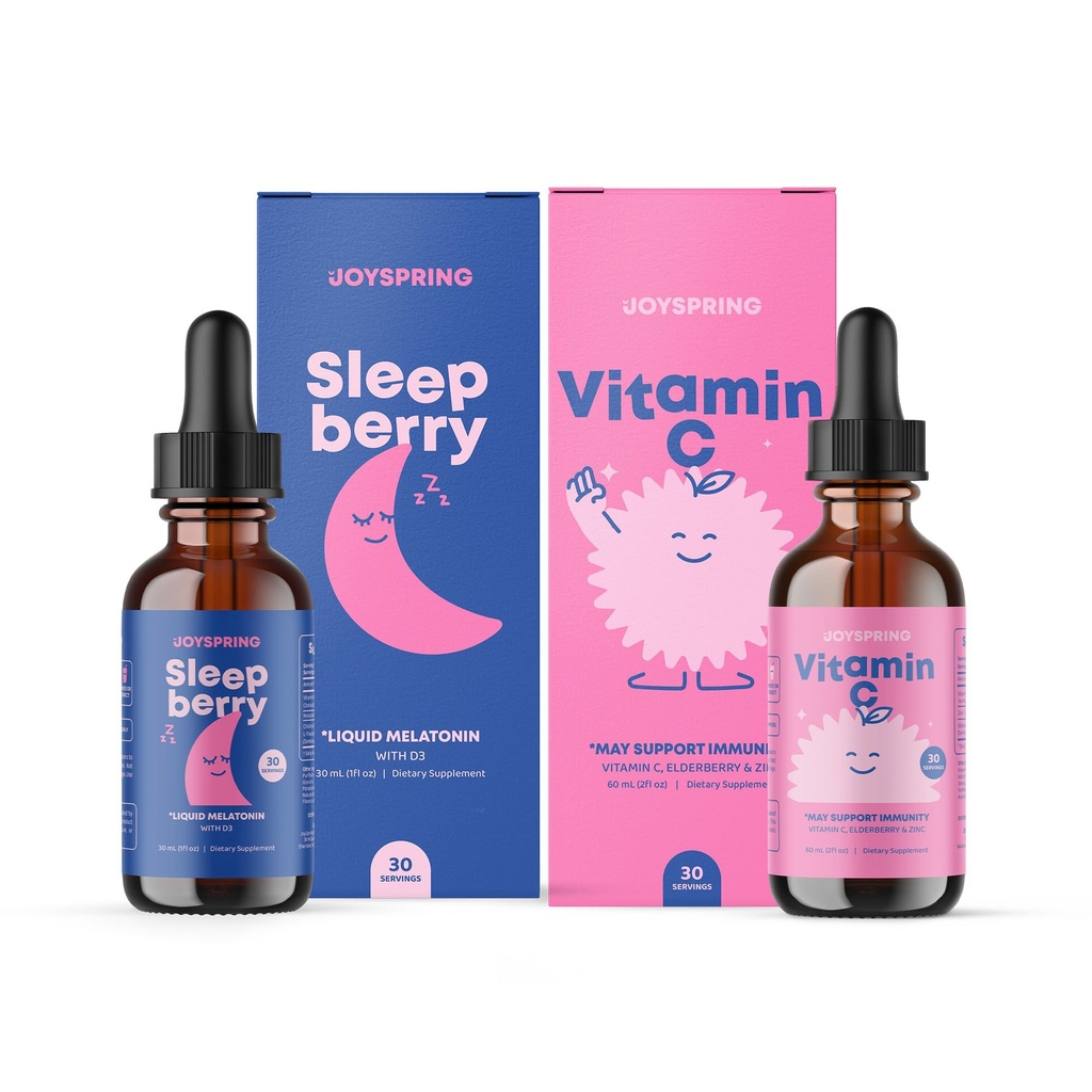 JoySpring Vitamin C Kapljice za otroke - Imunska podpora z cinkom in Elderberry & SleepBerry Melatonin za otroke z jagodami