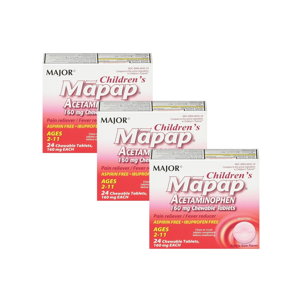 MAJOR Otroški Mapap Acetamolfen 160 mg Žvečljive tablete - bolečina Reliever/Fever Reducer - Aspirin Free - Ibuprofen Prost - za starost od 2 do 11-24 Število (3 pakiranje)