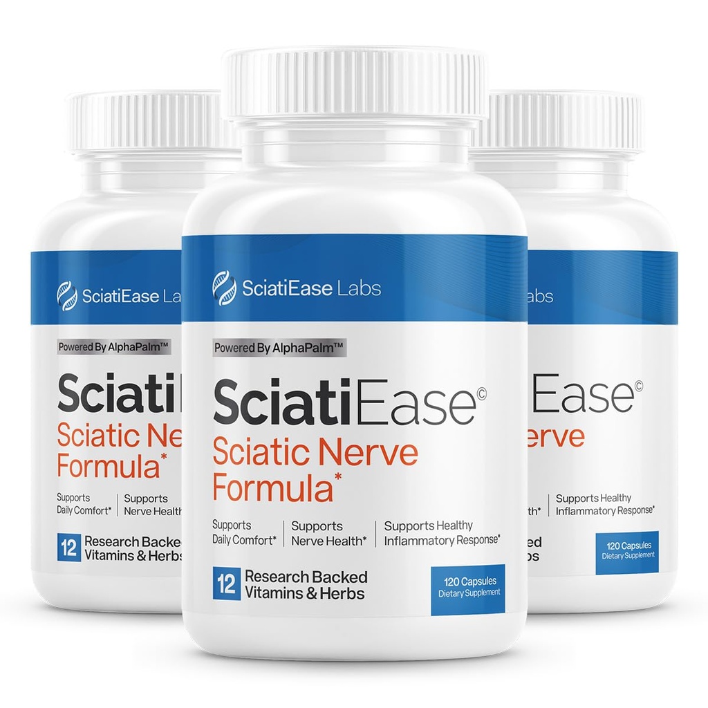 SciatiEase Sciatic Nerve Health Support Supplement - Nerve Support Formula z AlphaPalm, Pea, Vitamin B Complex, Alfa Lipoic Acid 300mg - 3 steklenice