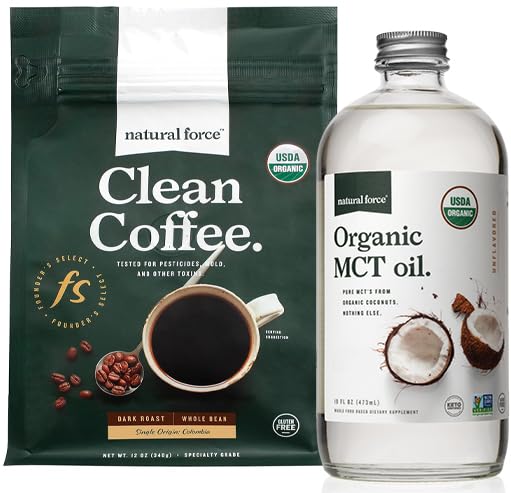 Naravna sila Ekološka temna pražena čista kava + Ekološka MCT Oil Bundle – 100% čista kokosova MCTs & Mold & Mycotoksin Free Coffee – Ne-GMO, Keto, Paleo in Vegan - 12 Oz in 16 Oz