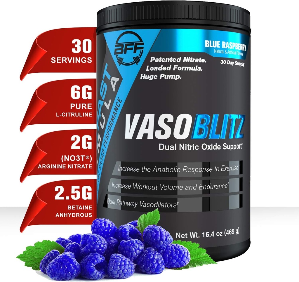 Nagrada VASOBLITZ Osvojiti dvojno dušikov oksid Pred vadbo z NO3T Arginin nitrat,L-citrulin,Obstane brezvodni,Calcium Lactate,Kafein Prost za mišično vzdržljivost(30 Serving) (modra malina)