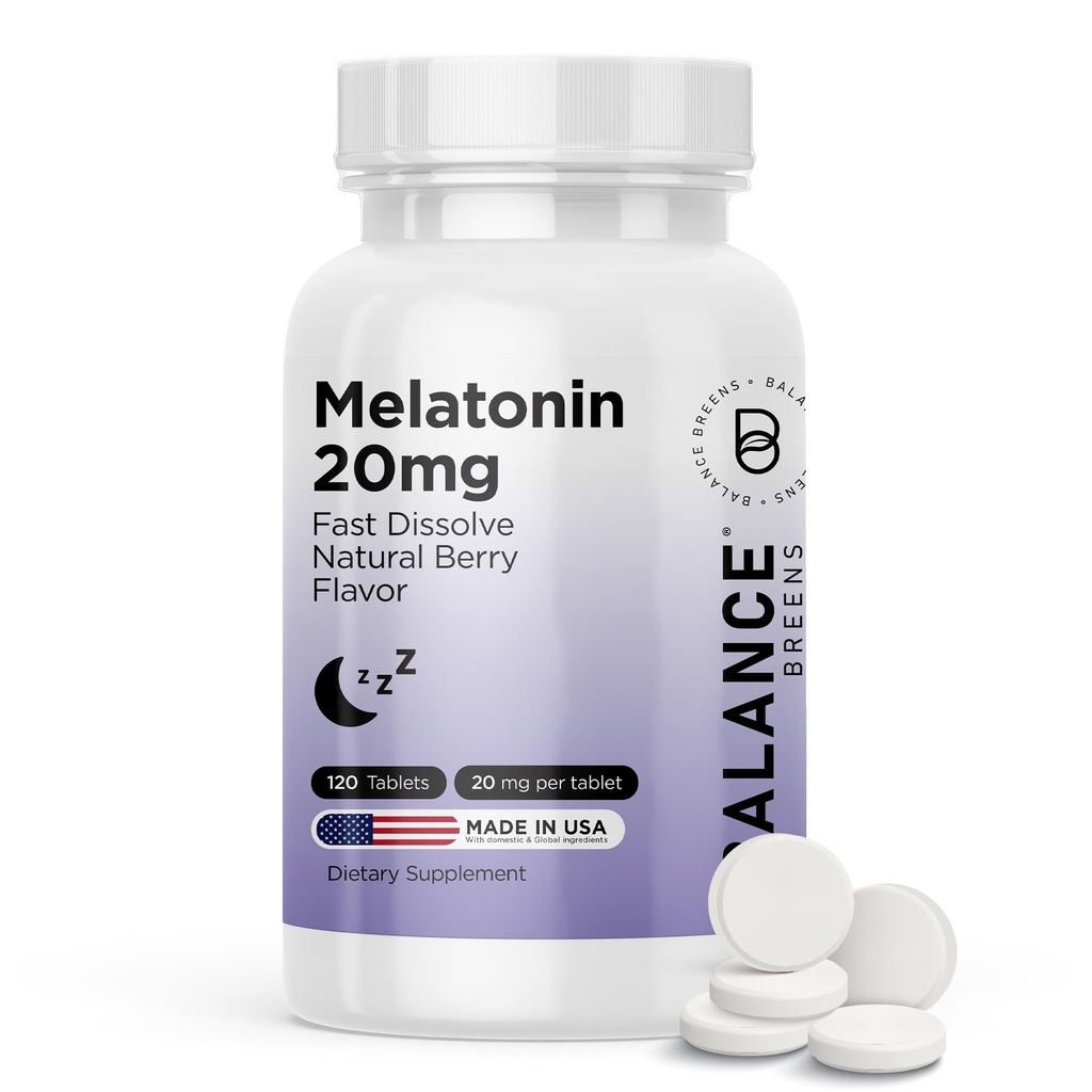 Balancebreens Melatonin 20mg Fast Dissolve Tablete - Visoka moč, hitro delovanje, Naravna podpora za spanje – Pomoč za spanje za odrasle – Ne-Groggy, brez zdravil Formula – 120 uspavalne tablete