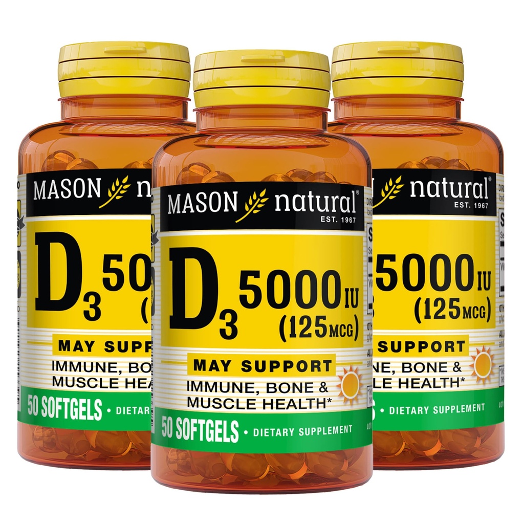 MASON NARAVNI vitamin D3 125 μg (5000 i.e.) - Podpira splošno zdravje, krepi kosti in mišice, iz ribjega jetrnega olja, 50 softgels (paka 3)