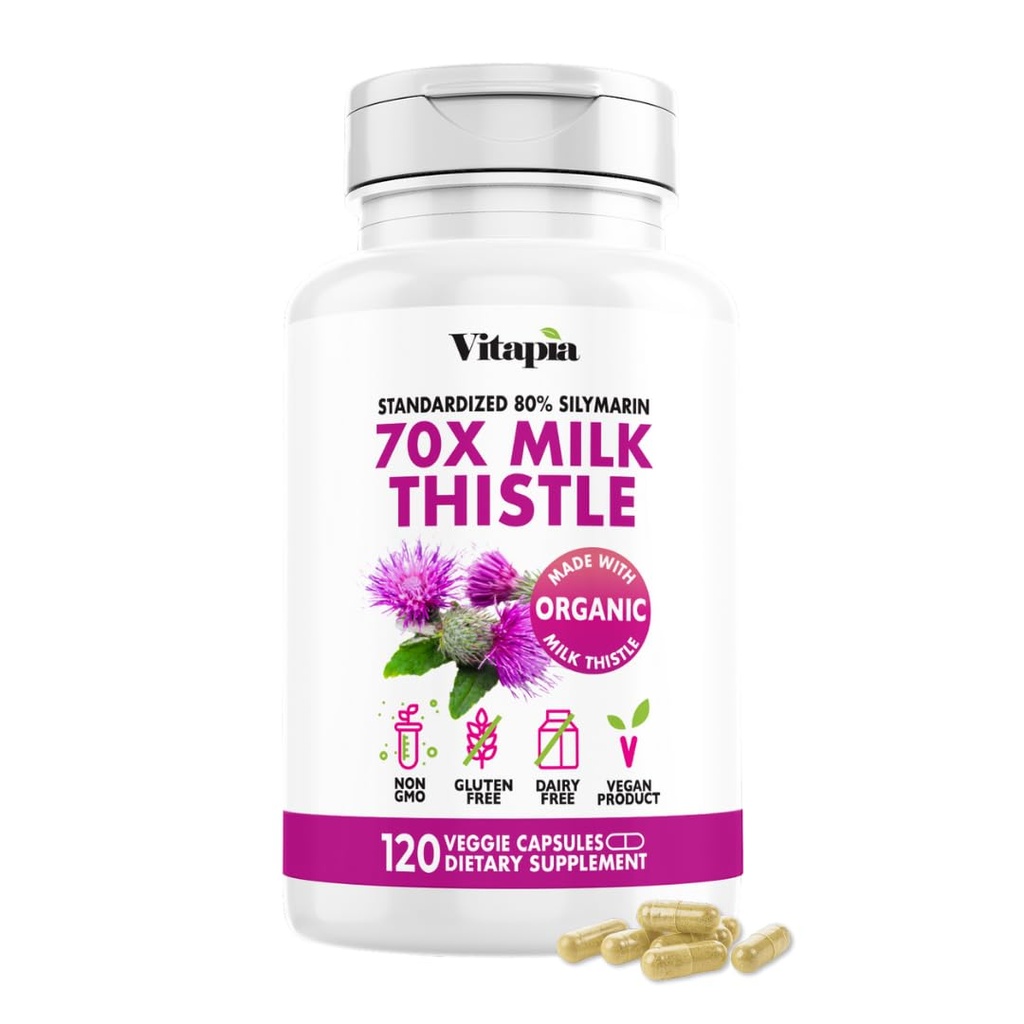Vitapia Organsko mleko Thistle Extract 70:1 dodatek - Jetrna čistila Detox & Popravila, Jetrna zdravstvena podpora, Antioksidanti - 120 Veganske kapsule, Ne GSO, Gluten brezplačno