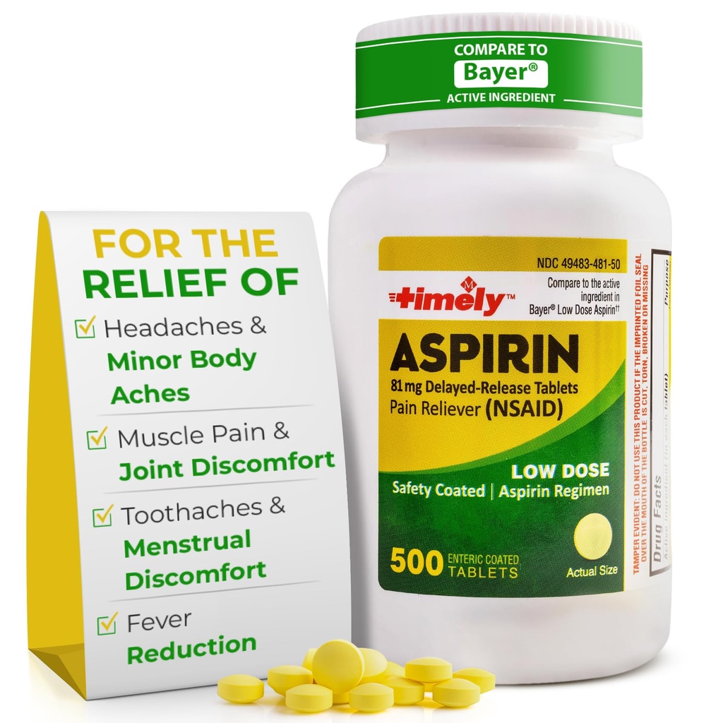 Aspirin s pravočasnim nizkim odmerkom 81 mg za odrasle - bolečina Reliever za manjše bolečine in reducirajočo zvišano telesno temperaturo - v primerjavi z aktivno sestavino pri Bayer - z nizko jakostjo enterični aspirin - 500 tablet