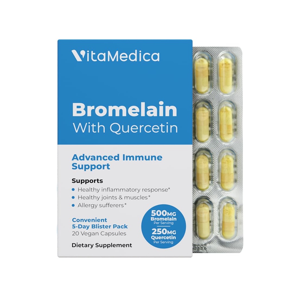 VitaMedica Bromelain & Quercetin dodatek - 500mg Bromelain 250mg Quercetin - 2400 GDU za imuniteto, skupno podporo, vnetje in okrevanje mišic - 20 veganskih kapsul - 5 dnevna zaloga