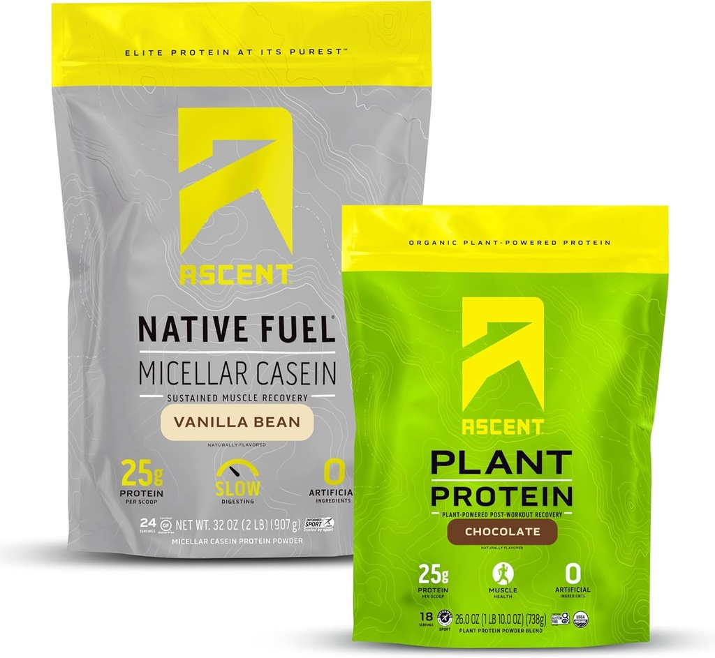 Ascent Kazein Protein Powder Vanilla Bean 2 lb & Rastline Protein Powder Čokolada 18 Servisi