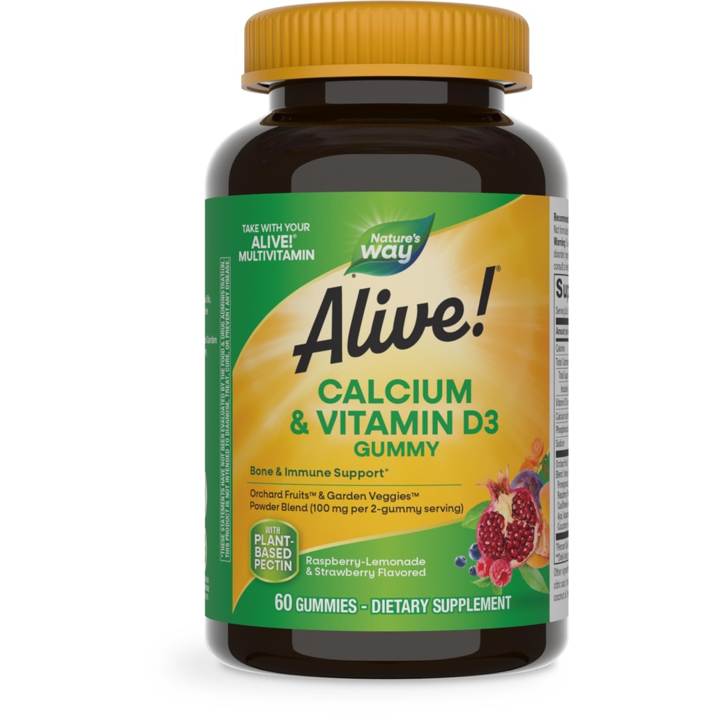 Naravna pot živa! Žvečljivi kalcijevi žvečilni gumiji z vitaminom D3, dnevni dodatek podpira zdrave kosti in zobe, in mišice funkcijo*, jagode in malina-Lemonada arome, 60 Gummies